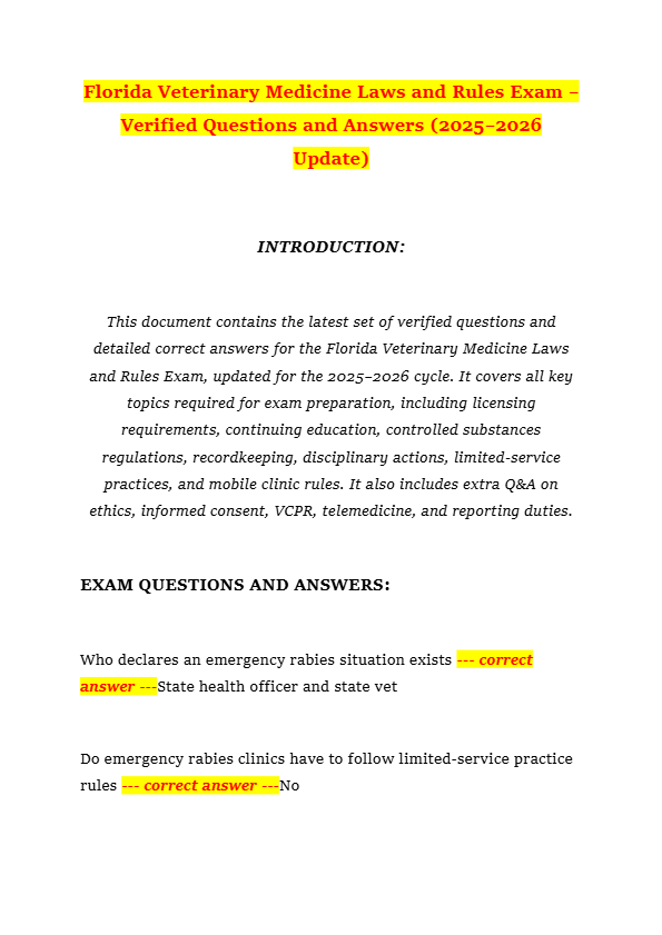 Florida Veterinary Medicine Laws and Rules Exam – Verified Questions and Answers (2025–2026 Update)