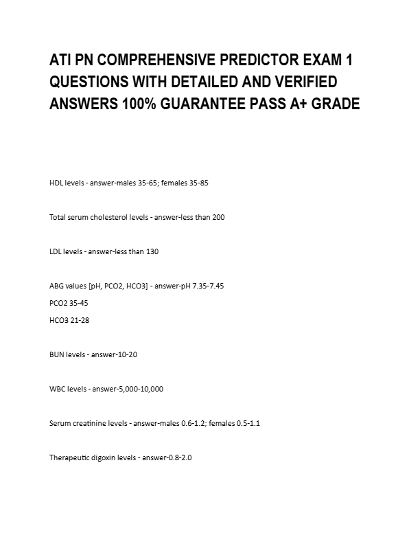 ATI PN COMPREHENSIVE PREDICTOR EXAM 1  QUESTIONS WITH DETAILED AND VERIFIED  ANSWERS 100% GUARANTEE