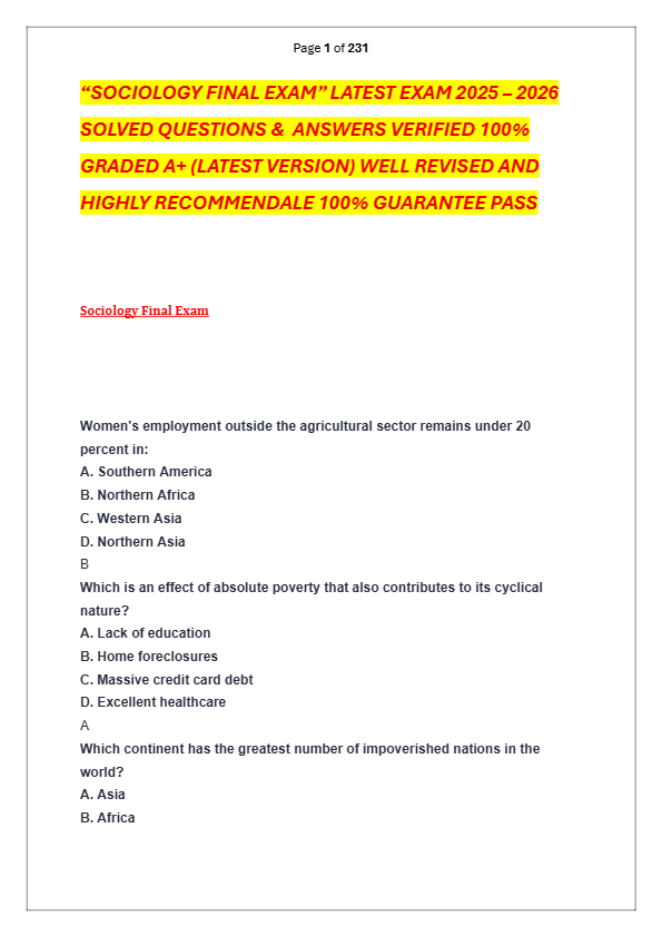 “SOCIOLOGY FINAL EXAM” LATEST EXAM 2025 – 2026   SOLVED QUESTIONS &  ANSWERS VERIFIED 100%  GRADED A