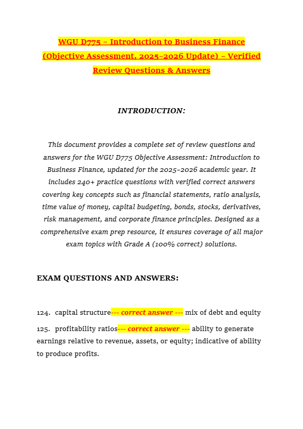 WGU D775 – Introduction to Business Finance (Objective Assessment, 2025–2026 Update) – Verified Revi