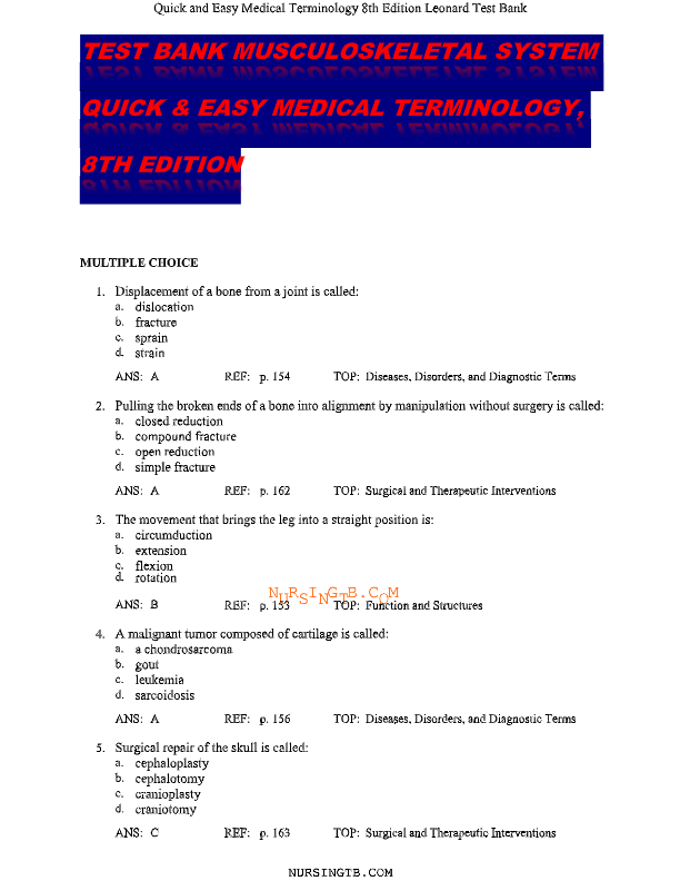 Quick & Easy Medical Terminology 7th Edition Test Bank | Leonard | Chapters 2–15