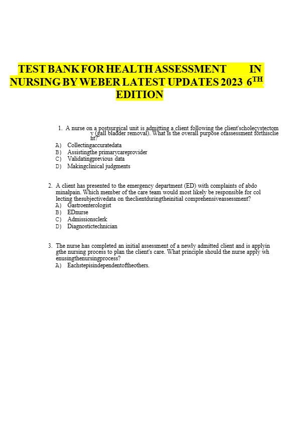 Test Bank for Health Assessment in Nursing 7th Edition by Weber & Kelley | 2025 Complete Guide & Sol