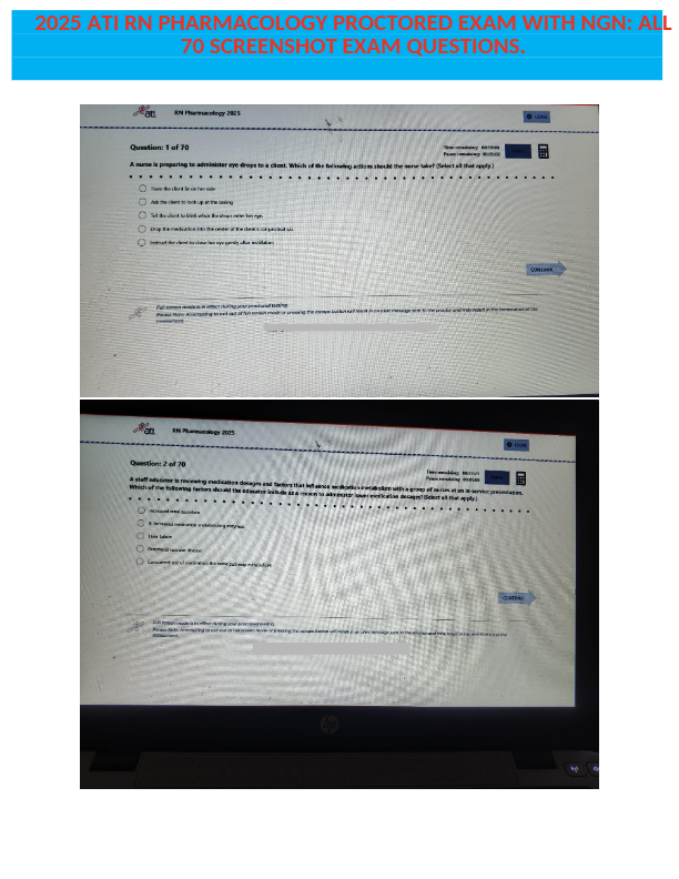 2025 ATI RN PHARMACOLOGY PROCTORED EXAM WITH NGN: ALL  70 SCREENSHOT EXAM QUESTIONS