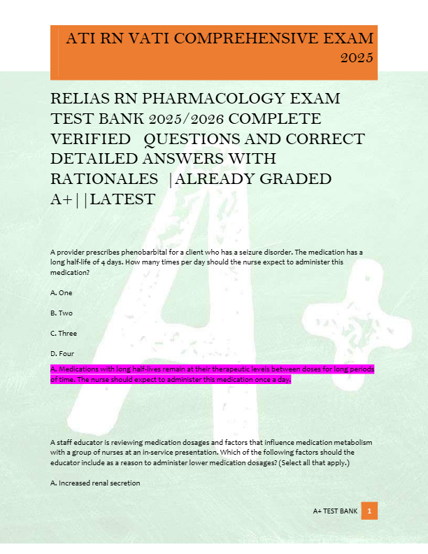 RELIAS RN PHARMACOLOGY EXAM  TEST BANK 2025/2026 COMPLETE  VERIFIED   QUESTIONS AND CORRECT  DETAILE