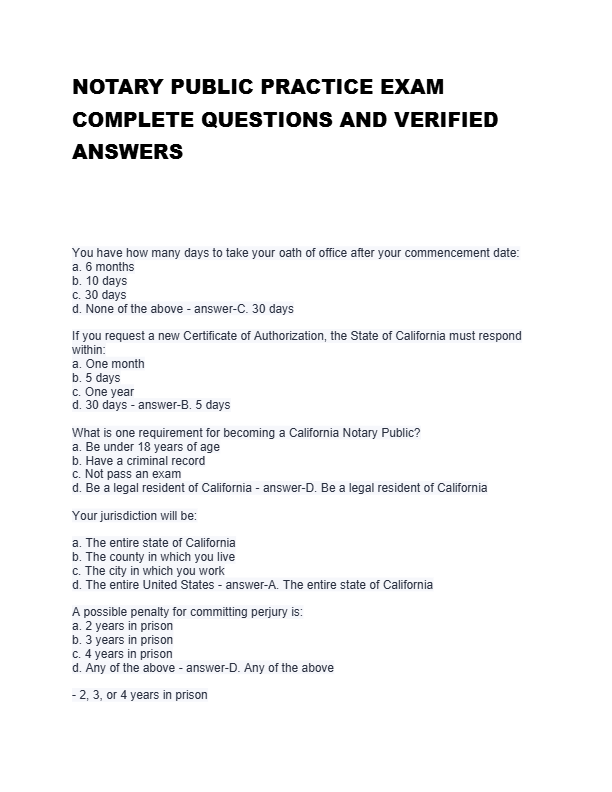 NOTARY PUBLIC PRACTICE EXAM  COMPLETE QUESTIONS AND VERIFIED  ANSWERS