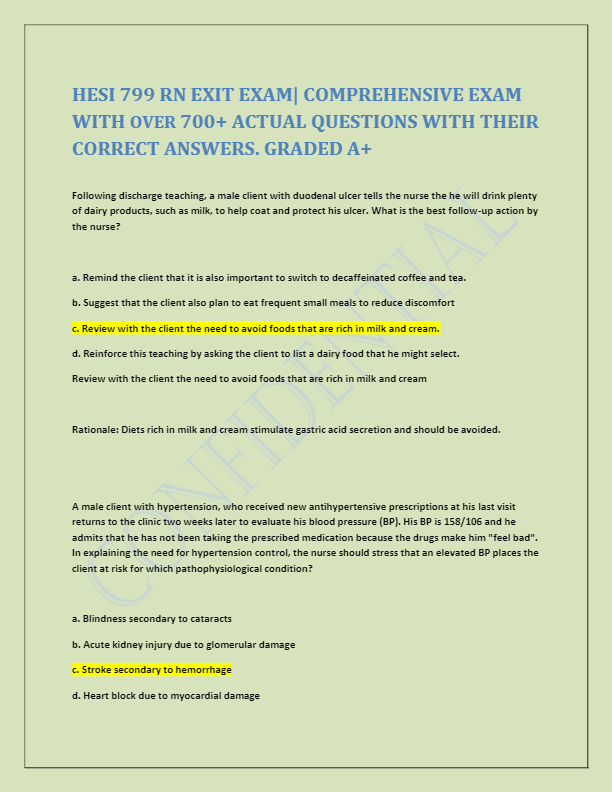 HESI 799 RN EXIT EXAM| COMPREHENSIVE EXAM WITH OVER 700+ ACTUAL QUESTIONS WITH THEIR CORRECT ANSWERS