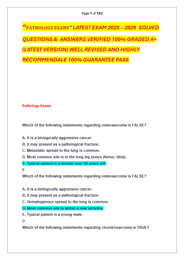 “PATHOLOGY EXAMS” LATEST EXAM 2025 – 2026  SOLVED  QUESTIONS &  ANSWERS VERIFIED 100% GRADED A+  (LA