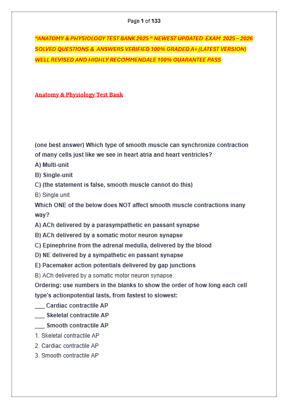 “ANATOMY & PHYSIOLOGY TEST BANK 2025 “ NEWEST UPDATED  EXAM  2025 – 2026  SOLVED QUESTIONS &  ANSWER