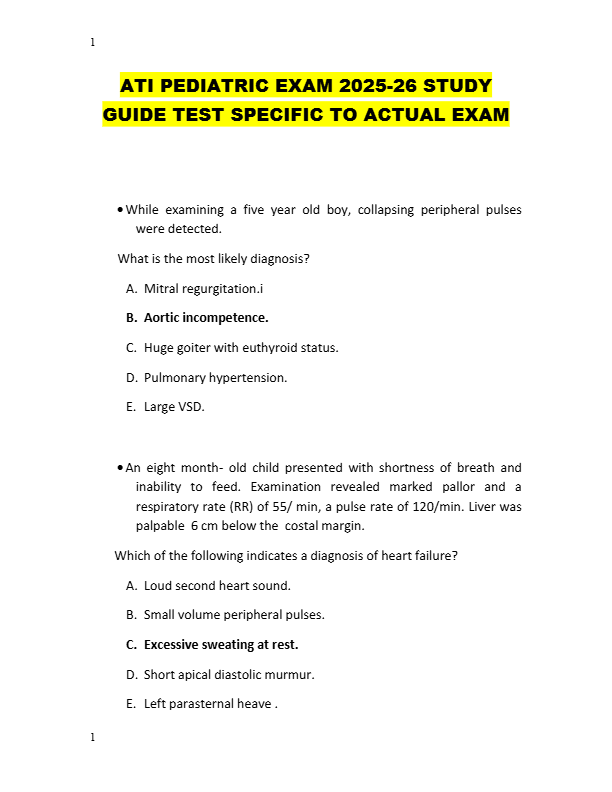 ATI PEDIATRIC EXAM 2025-26 STUDY  GUIDE TEST SPECIFIC TO ACTUAL EXAM