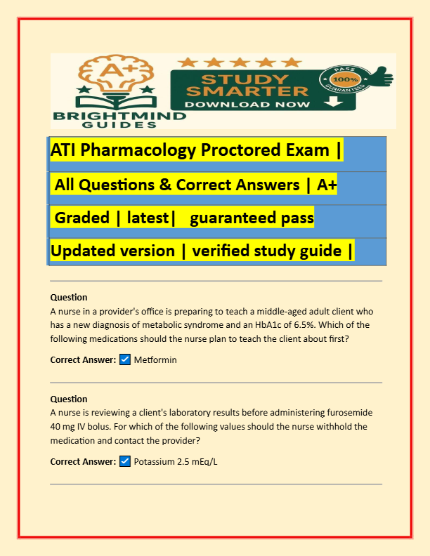 ATI Pharmacology Proctored Exam | Verified Questions & Correct Answers | A+ Graded | Latest Updated