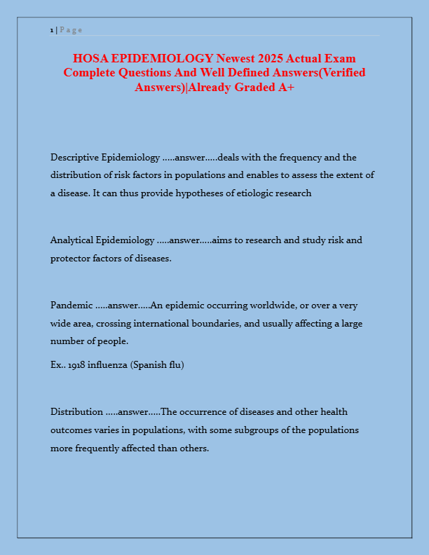 HOSA Epidemiology 2025 Exam: Complete Questions & Verified Answers | Graded A+ Study Guide