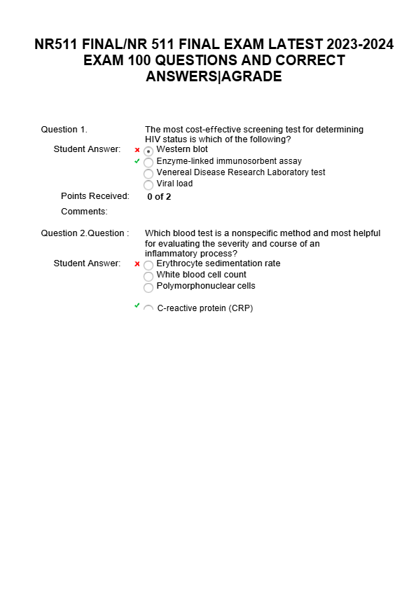 NR511 FINAL/NR 511 FINAL EXAM LATEST 2023-2024 EXAM 100 QUESTIONS AND CORRECT ANSWERS|AGRADE