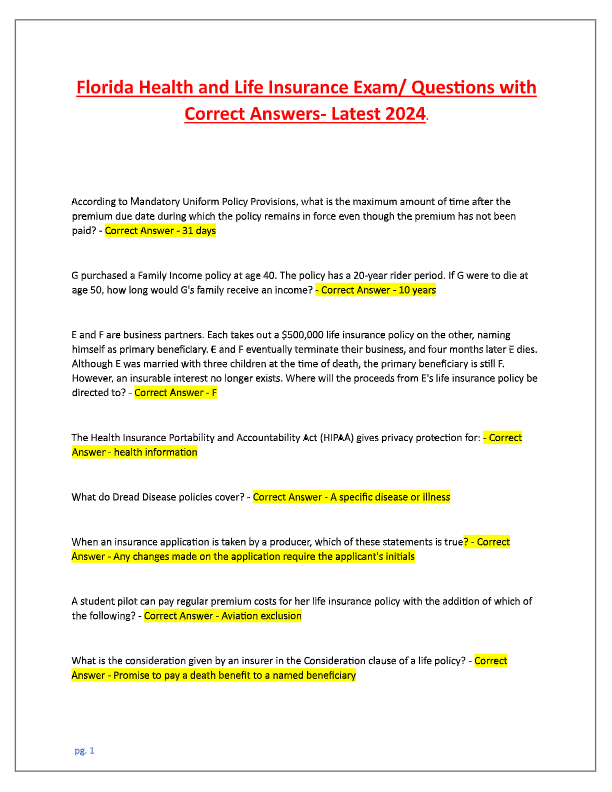 Florida Life and Health Insurance Exam 2025: Actual Test Questions & Verified Answers (100% Accurate