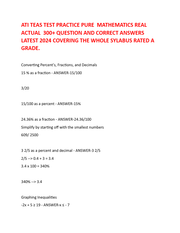 ATI TEAS TEST PRACTICE PURE MATHEMATICS REAL ACTUAL 300+ QUESTION AND CORRECT ANSWERS LATEST 2024