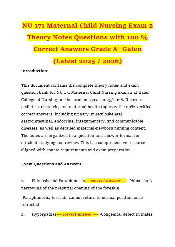 NU 171 Maternal Child Nursing Exam 2 Theory Notes Questions with 100 % Correct Answers Grade A+ Gale