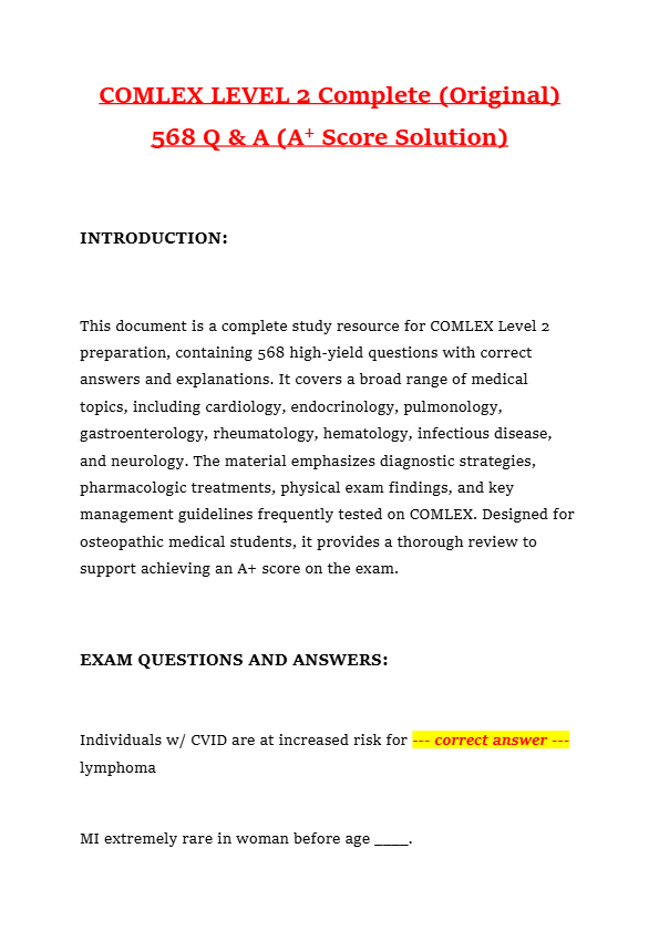 COMLEX LEVEL 2 Complete (Original) 568 Q & A (A+ Score Solution)