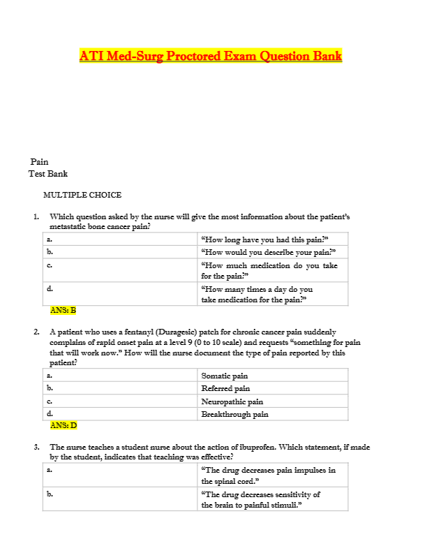 ATI Med-Surg Proctored Exam Question Bank QUESTIONS AND ANSWERS VERIFIED EXAM GRADED A+