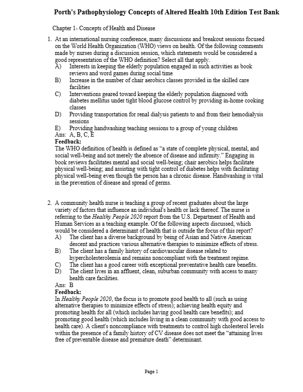 Test Bank for Porth's Pathophysiology Concepts of Altered Health States 10th Edition Norris
