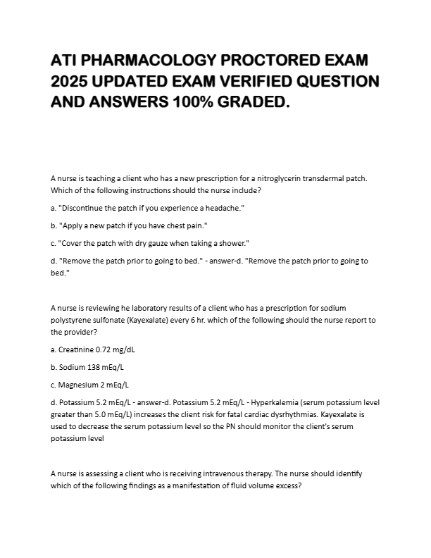 ATI PHARMACOLOGY PROCTORED EXAM  2025 UPDATED EXAM VERIFIED QUESTION  AND ANSWERS 100% GRADED.