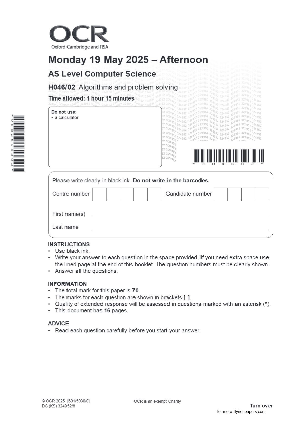 OCR AS Level Computer Sciencе H046/02 Algorithms and problem solving June 2025