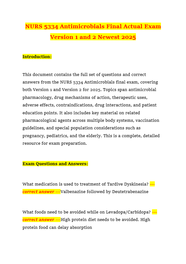 NURS 5334 Antimicrobials Final Actual Exam Version 1 and 2 Newest 2025