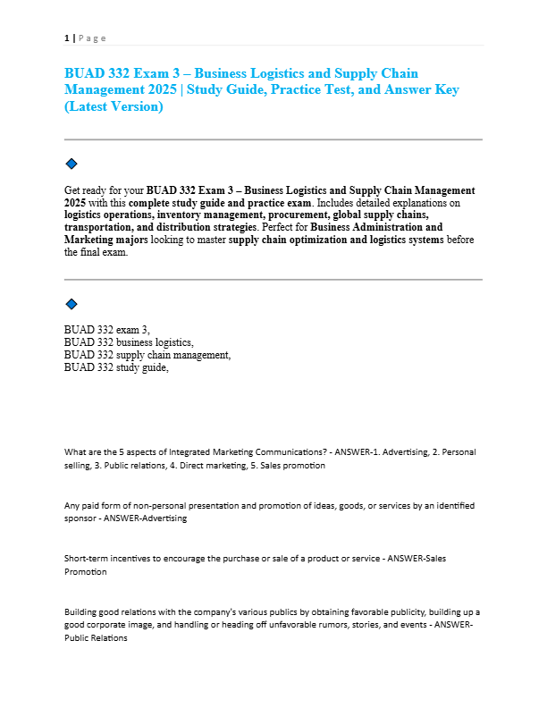 BUAD 332 Exam 3 – Business Logistics and Supply Chain Management 2025  Study Guide, Practice Test