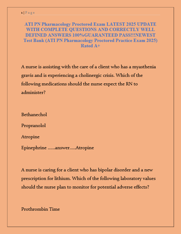 ATI PN Pharmacology Proctored Exam 2025 | Latest Questions & Verified Answers | 100% Pass Guarantee