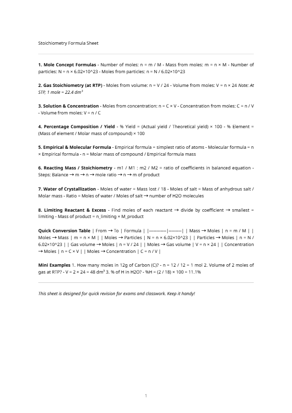 Stoichiometry Formula Sheet for Chemistry Students (WAEC, NECO & JAMB)