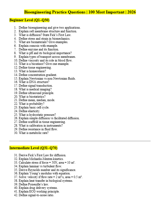 Bioengineering Practice Questions  100 Most Important 2026