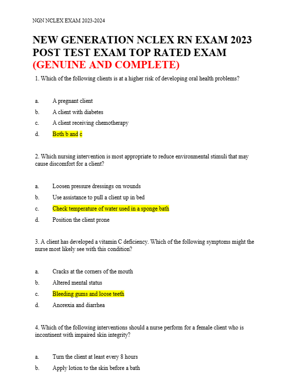 NEW GENERATION NCLEX RN EXAM 2023  POST TEST EXAM TOP RATED EXAM  (GENUINE AND COMPLETE)