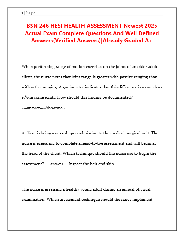 BSN 246 HESI Health Assessment Exam 2025 – Complete Actual Questions & Verified Answers | Graded A+