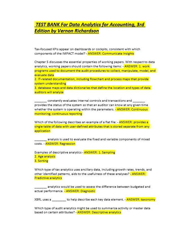 Introduction to Data Analytics for Accounting 2nd Edition Test Bank 2025 | Chapters 1–13