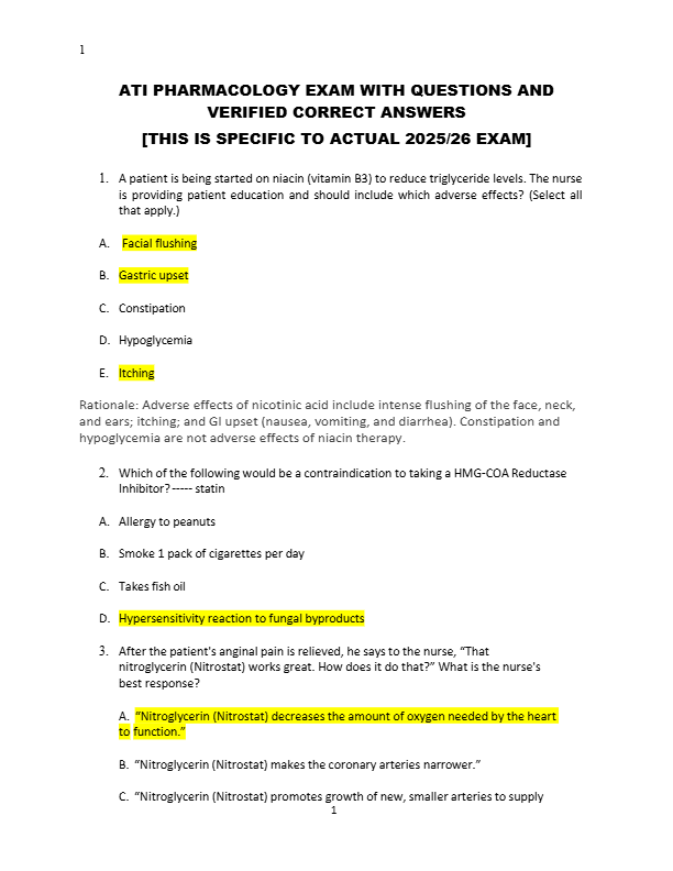 ATI PHARMACOLOGY EXAM WITH QUESTIONS AND  VERIFIED CORRECT ANSWERS  [THIS IS SPECIFIC TO ACTUAL 2025
