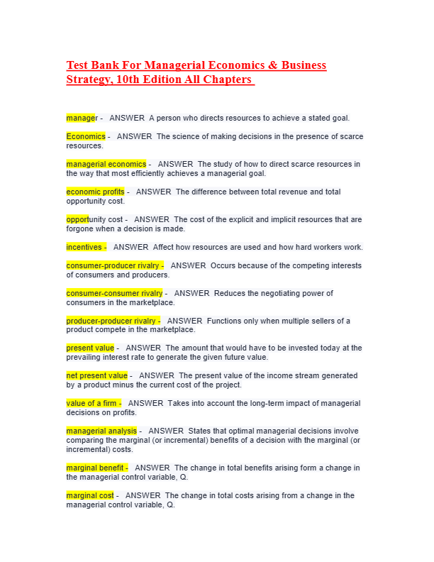 Test Bank for Managerial Economics 9th Edition Samuelson | All Chapters 1-18 | 2025 Edition