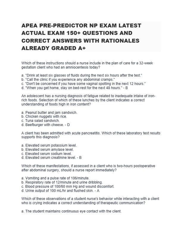 APEA PRE-PREDICTOR NP EXAM LATEST ACTUAL EXAM 150+ QUESTIONS AND CORRECT ANSWERS WITH RATIONALES ALR
