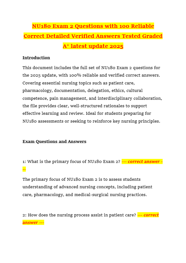 NU180 Exam 2 Questions with 100 Reliable Correct Detailed Verified Answers Tested Graded A+ latest u