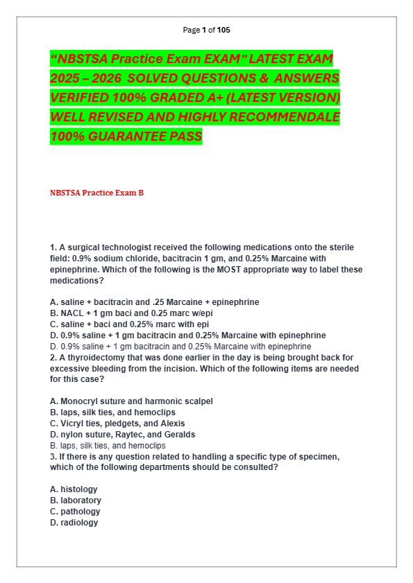 “NBSTSA Practice Exam EXAM” LATEST EXAM  2025 – 2026  SOLVED QUESTIONS &  ANSWERS  VERIFIED 100% GRA