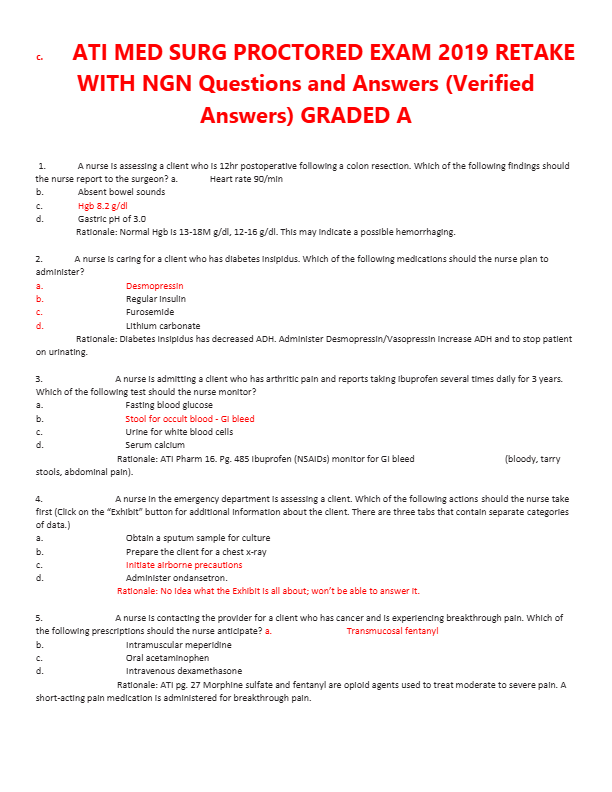 ATI MED SURG PROCTORED EXAM 2019 RETAKE  WITH NGN Questions and Answers (Verified  Answers) GRADED A