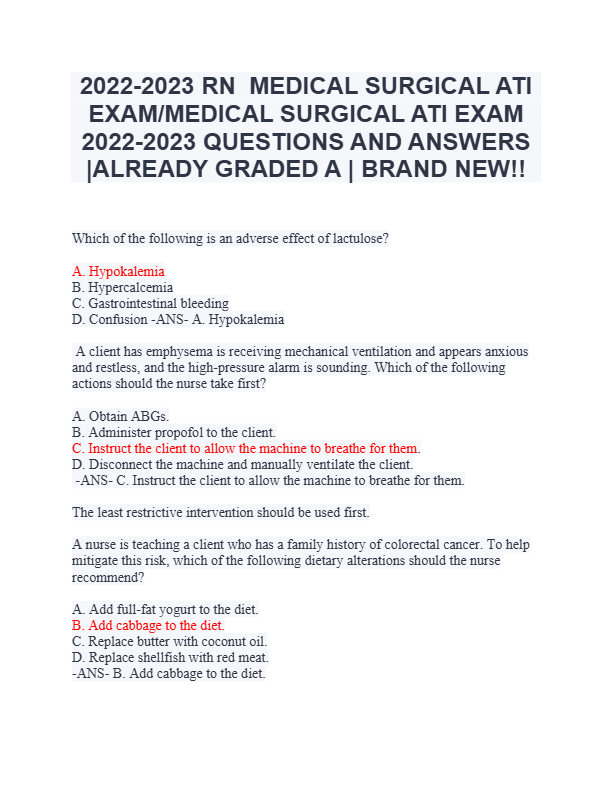 RN MEDICAL SURGICAL ATI EXAM/MEDICAL SURGICAL ATI EXAM 2024-2025 QUESTIONS AND ANSWERS
