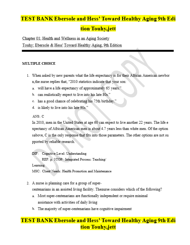 Toward Healthy Aging 11th Edition Test Bank 2025 | Complete Study Guide & Practice Questions
