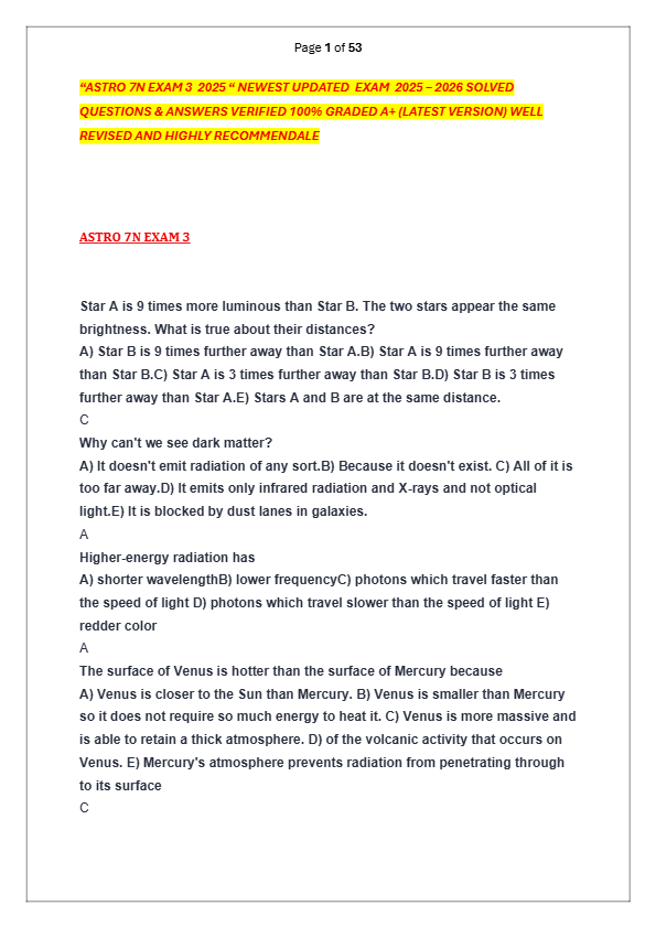 “ASTRO 7N EXAM 3  2025 “ NEWEST UPDATED  EXAM  2025 – 2026 SOLVED  QUESTIONS & ANSWERS VERIFIED 100%
