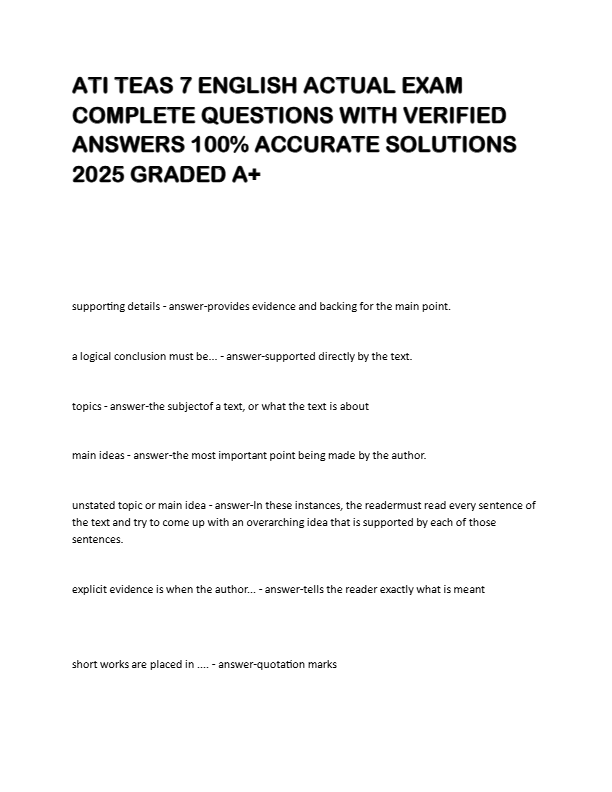 ATI TEAS 7 ENGLISH ACTUAL EXAM  COMPLETE QUESTIONS WITH VERIFIED  ANSWERS 100% ACCURATE SOLUTIONS  2