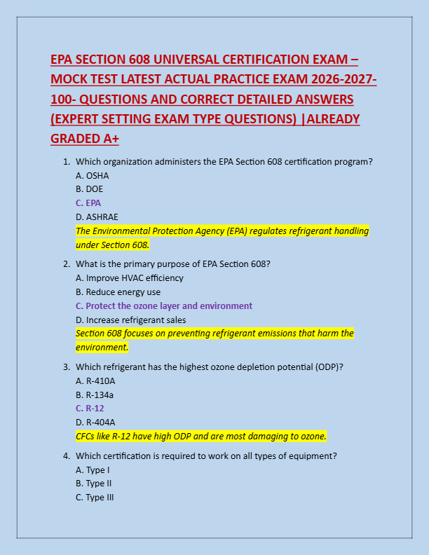 EPA SECTION 608 UNIVERSAL CERTIFICATION EXAM –  MOCK TEST LATEST ACTUAL PRACTICE EXAM 2026-2027-  10