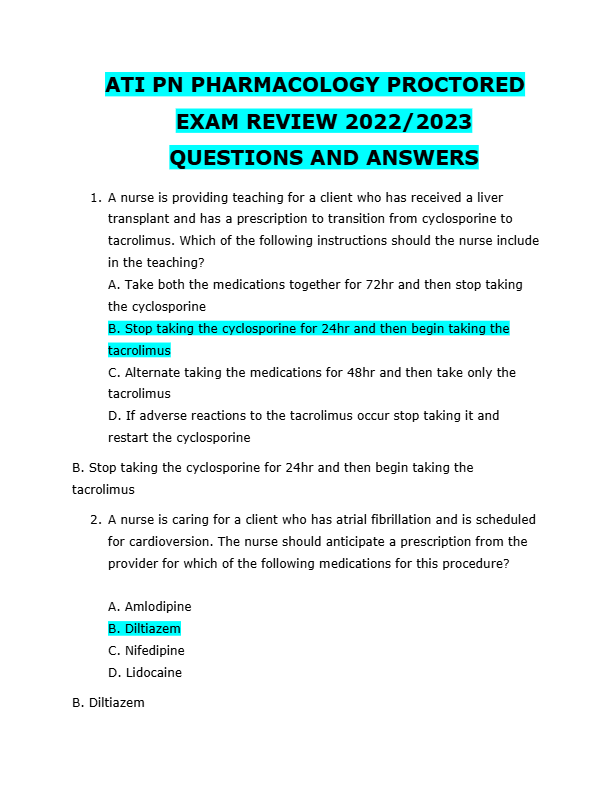 ATI PN PHARMACOLOGY PROCTORED  EXAM REVIEW 2022/2023  QUESTIONS AND ANSWERS