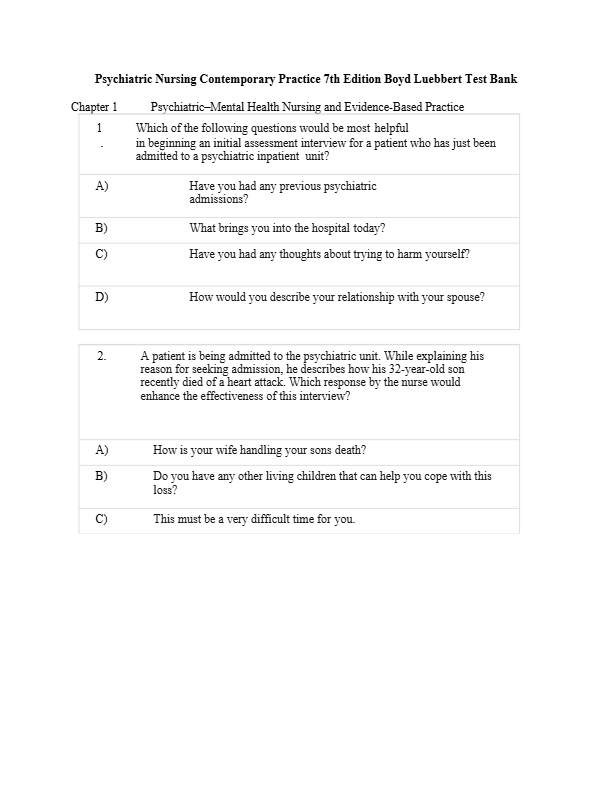 Test Bank for Psychiatric Nursing Contemporary Practice 7th