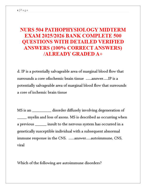 NURS 504 Pathophysiology Midterm Exam 2025: 500+ Verified Questions & Detailed Answers | Complete St
