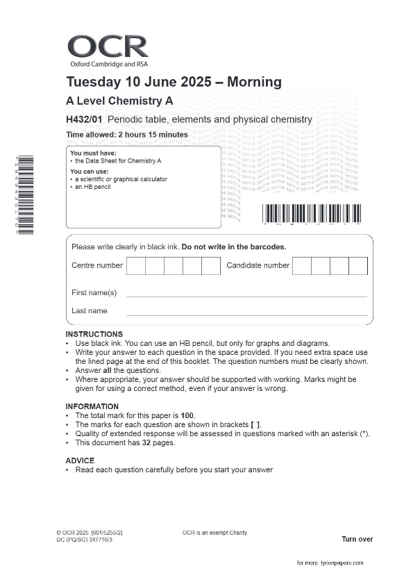 OCR A Level Chemistry A H432/01 Periodic table, elements and physical chemistry JUNE 2025