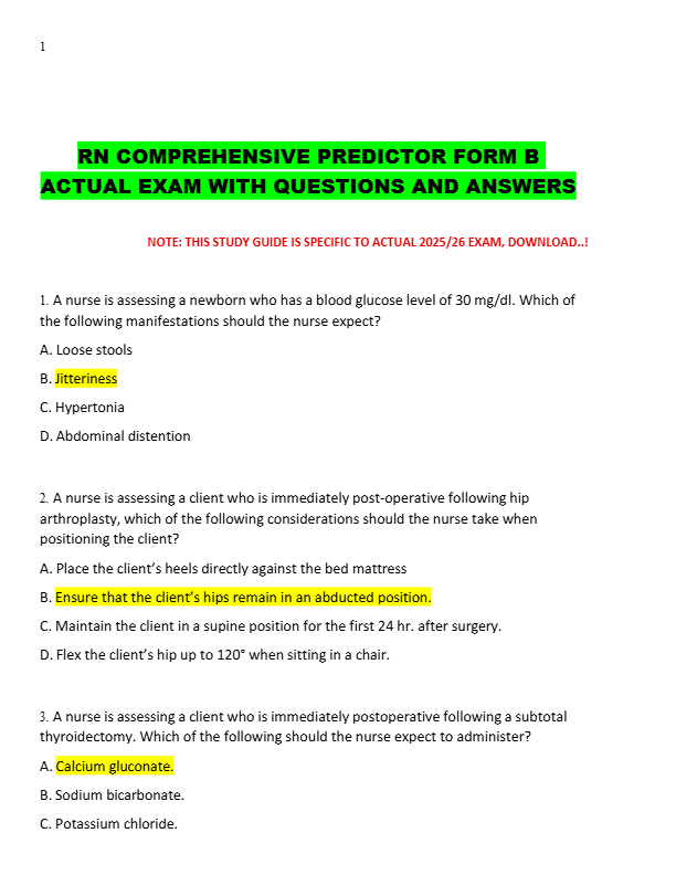 RN COMPREHENSIVE PREDICTOR FORM B  ACTUAL EXAM WITH QUESTIONS AND ANSWERS