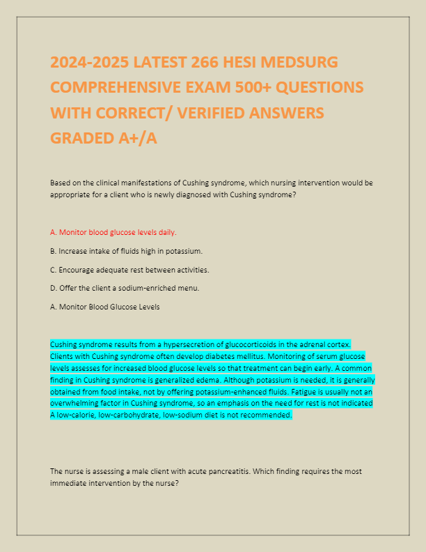 2024-2025 LATEST 266 HESI MEDSURG COMPREHENSIVE EXAM 500+ QUESTIONS WITH CORRECT/ VERIFIED ANSWERS G