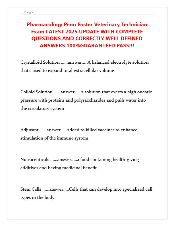Pharmacology Penn Foster Veterinary Technician Exam 2025 | Complete Questions & Verified Answers | 1